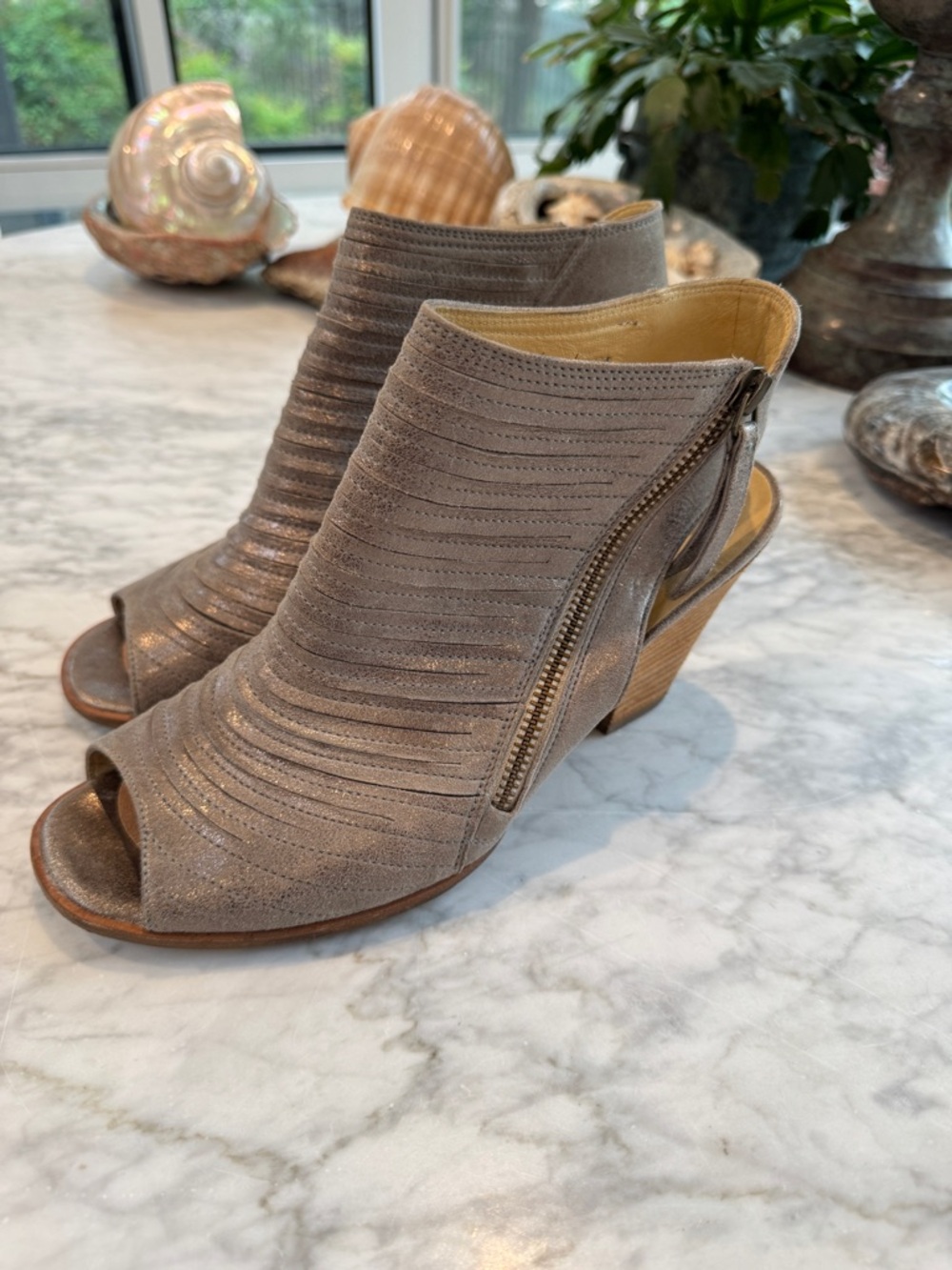 Paul Green Taupe Suede Peep-Toe Ankle Booties Silver